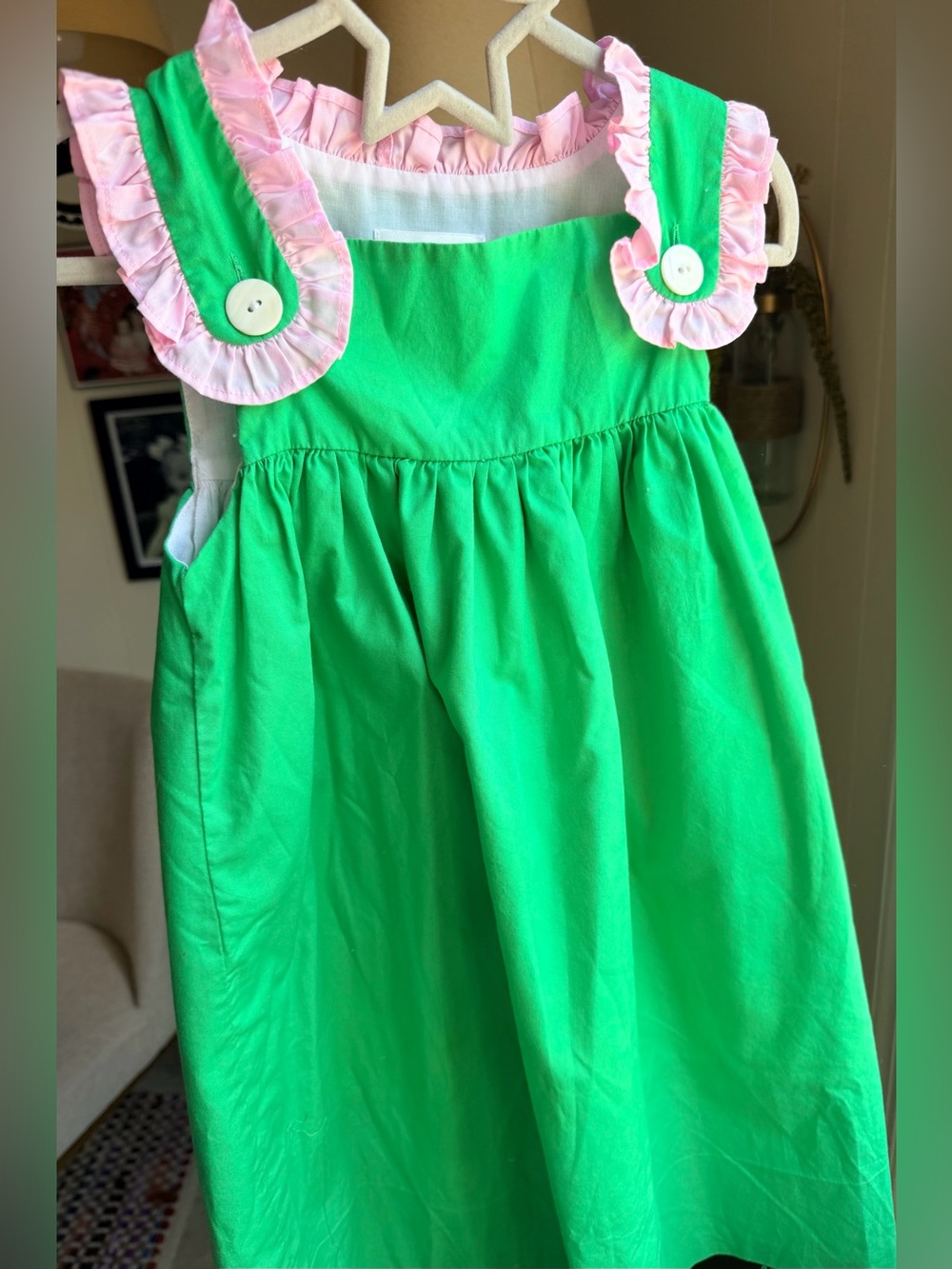 Girls Green Dress with Pink Ruffle Straps
